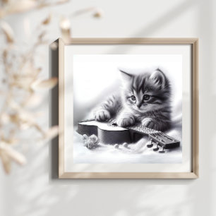 Cute Kitten Acoustic Guitar och Blanket Pencil Poster