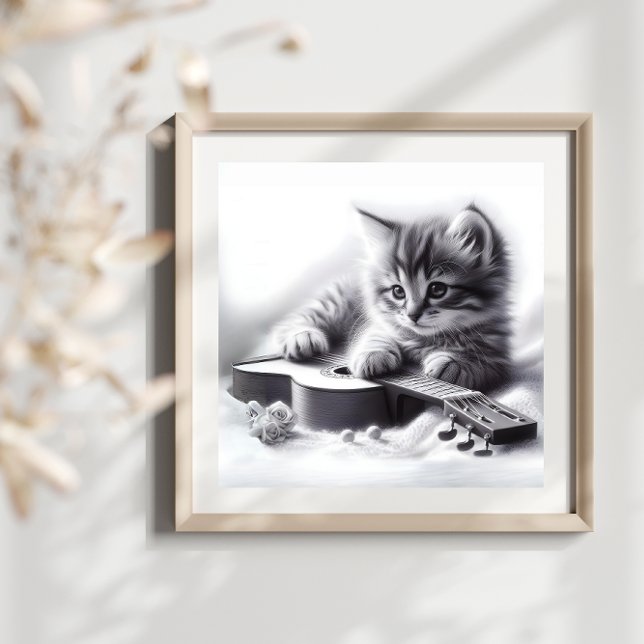 Cute Kitten Acoustic Guitar och Blanket Pencil Poster (Skapare uppladdad)