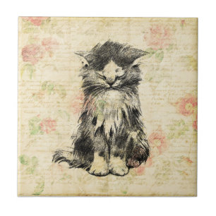 Cute Kitten Antique Cat med Blommigt Flower Design Kakelplatta