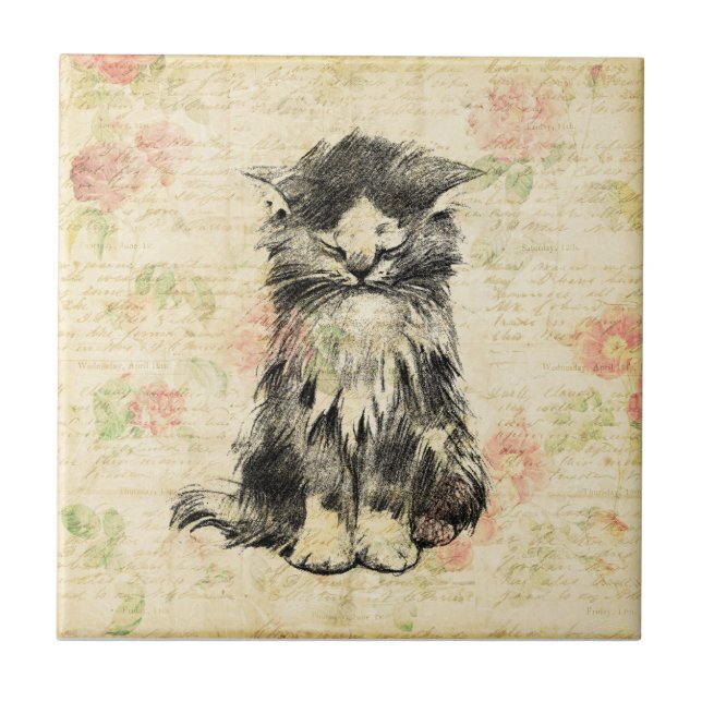 Cute Kitten Antique Cat med Blommigt Flower Design Kakelplatta (Framsidan)