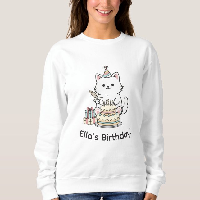 Cute Kitten Birthday Cake Party Hat Illustration T Shirt (Framsida)
