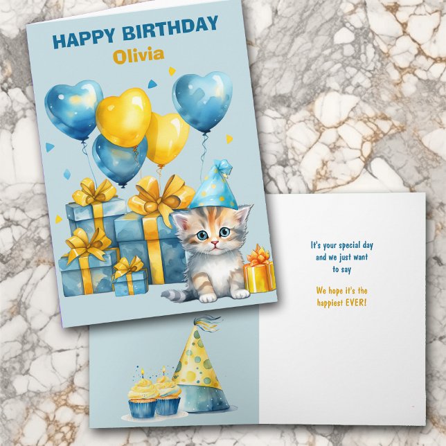 Cute Kitten Blue Guld Balloons Barn Birthday Kort (Skapare uppladdad)