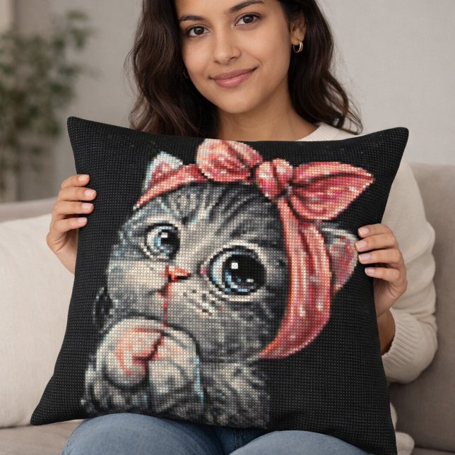 Cute Kitten Bow Cross Stitch Throw Pillow Kudde (Skapare uppladdad)