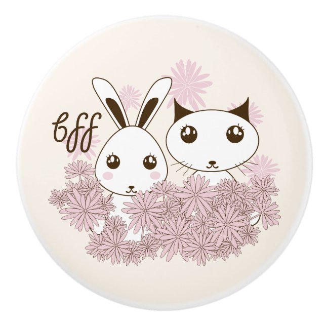 Cute Kitten Bunny Animal Friends Girls Kids Room Knopp (Framsidan)