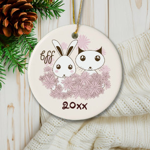 Cute Kitten Bunny Animal Friends Kids jul Julgransprydnad Keramik