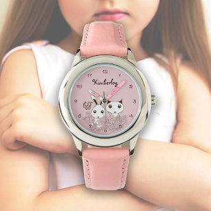 Cute Kitten Bunny Animal Friends Rosa Kids Girls Armbandsur