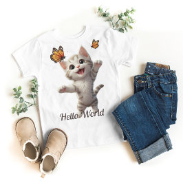Cute Kitten Butterflies Hej World T Shirt