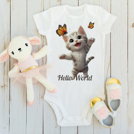 Cute Kitten Butterflies Hej World T Shirt