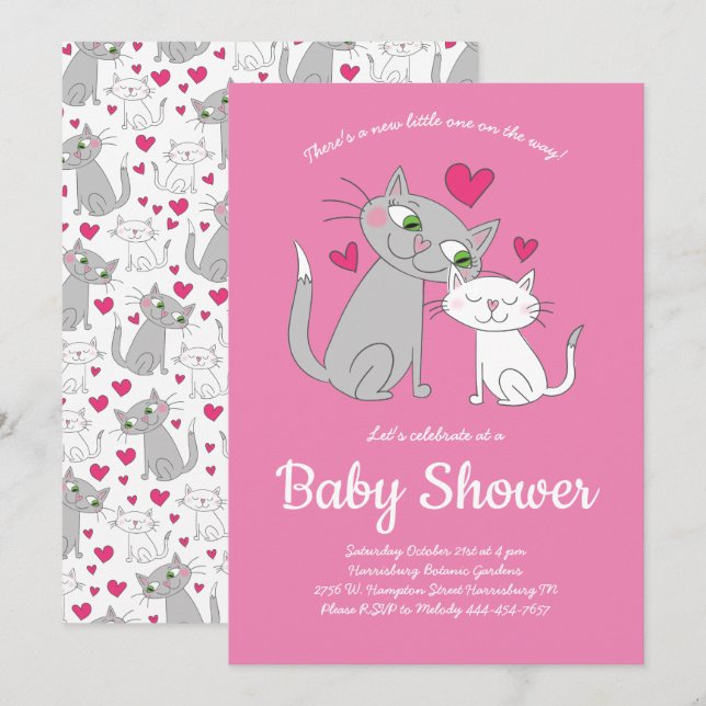 Cute Kitten Cat Baby Shower Mamma och Baby Inbjudningar (Fram/baksida)