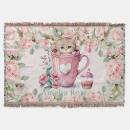 Cute Kitten Cat i Kopp Rosa ros Flowers Filt