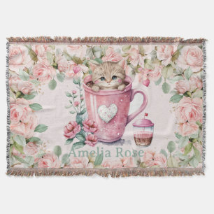 Cute Kitten Cat i Kopp  Rosa ros Flowers Filt