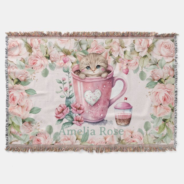 Cute Kitten Cat i Kopp  Rosa ros Flowers Filt (Framsidan)