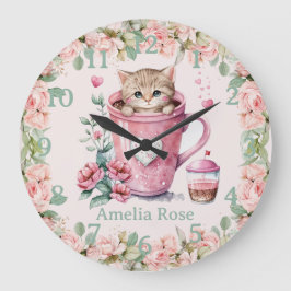 Cute Kitten Cat i Kopp Rosa ros Flowers Stor Klocka