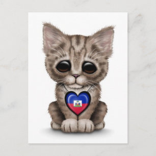 Cute Kitten Cat med Haitian Flagga Heart, vitt Vykort