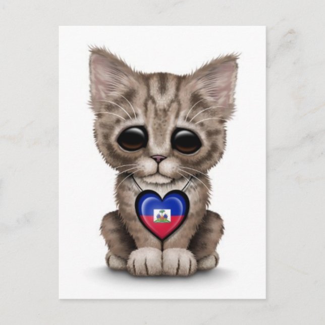 Cute Kitten Cat med Haitian Flagga Heart, vitt Vykort (Framsida)