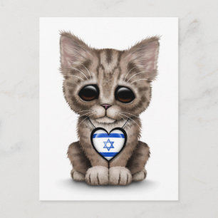 Cute Kitten Cat med israeliskt Flagga Heart, vitt Vykort
