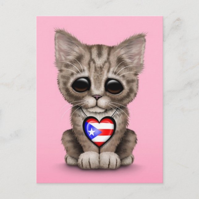 Cute Kitten Cat med Puerto Rico Flagga Heart, rosa Vykort (Framsida)