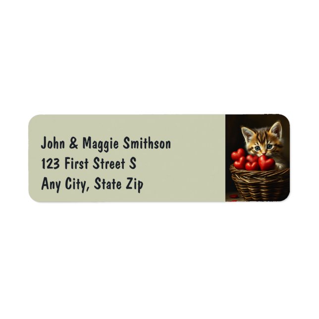 Cute Kitten Cat Pet Animal Basket från Hearts Returadress Etikett (Framsidan)