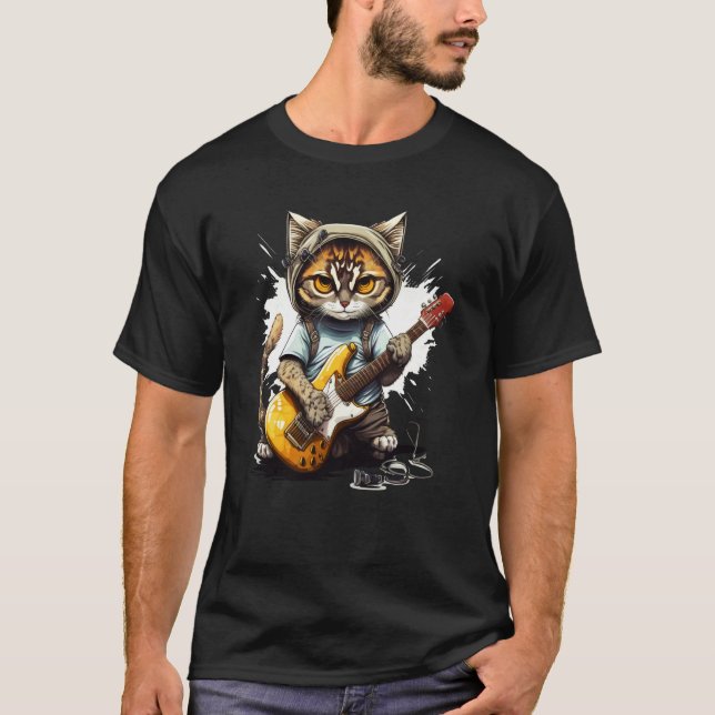 Cute Kitten Cat Playing Guitar  1 T Shirt (Framsida)