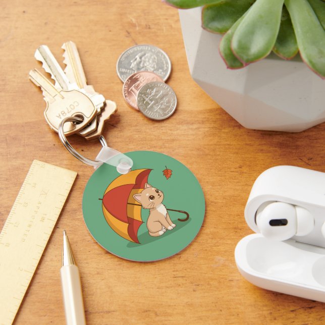 Cute Kitten Cat Red Yellow Umbrella Fall Green Nyckelring (Skrivbord)