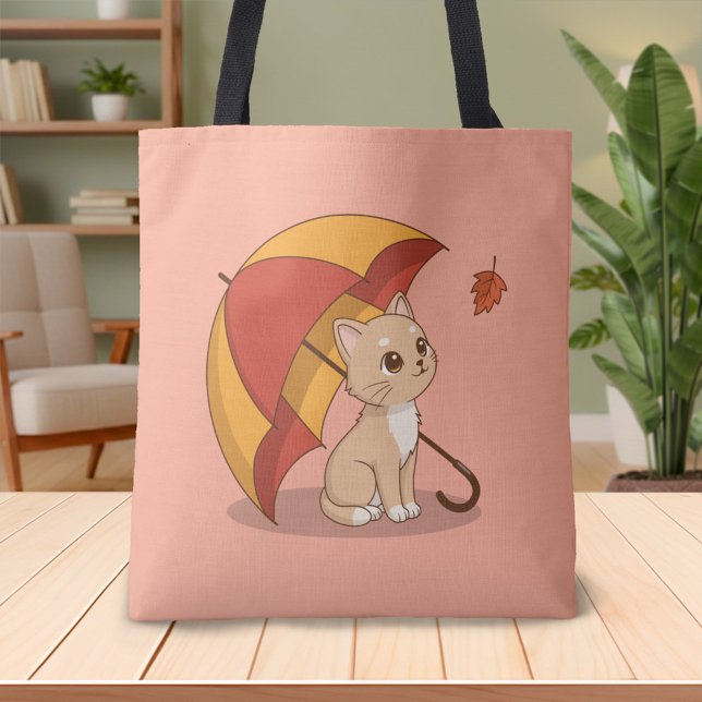 Cute Kitten Cat Red Yellow Umbrella Fall Pink Tygkasse (Skapare uppladdad)