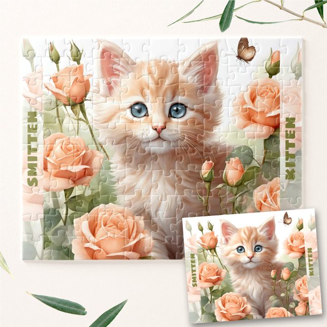 Cute Kitten Cat Ro Blommigt Sommarens eget namn Pussel (Cute Kitten Cat Rose Floral Summer Custom Name Jigsaw Puzzle)