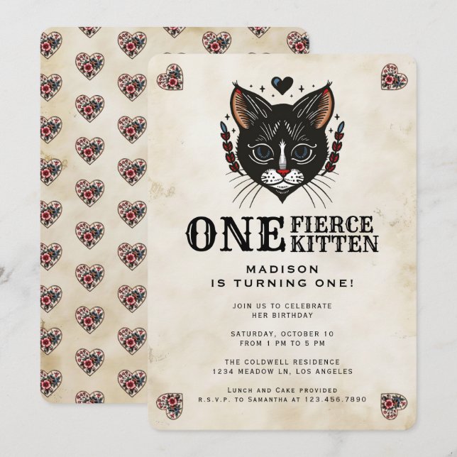 Cute Kitten Cat Rockabilly Tatto 1:a födelsedagen Inbjudningar (Fram/baksida)