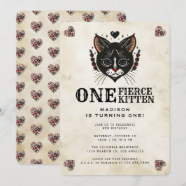 Cute Kitten Cat Rockabilly Tatto 1:a födelsedagen Inbjudningar