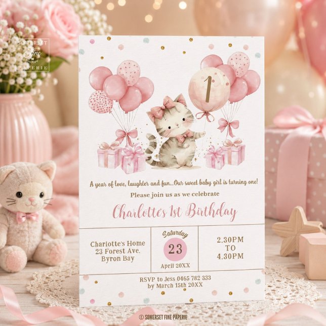 Cute Kitten Cat Rosa Balloth 1:a tredje födelsedag Inbjudningar (Cute Kitten Cat Pink Balloons 1st 2nd 3rd Birthday Invitation )