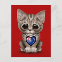Cute Kitten Cat with New Zealand Flagga Heart, red