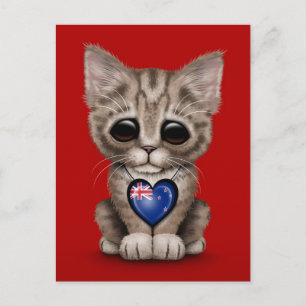 Cute Kitten Cat with New Zealand Flagga Heart, red Vykort
