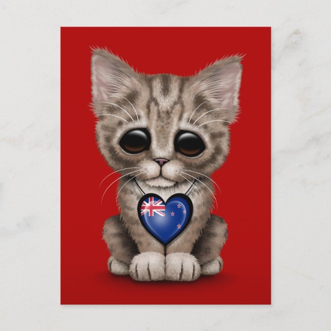 Cute Kitten Cat with New Zealand Flagga Heart, red Vykort (Framsida)