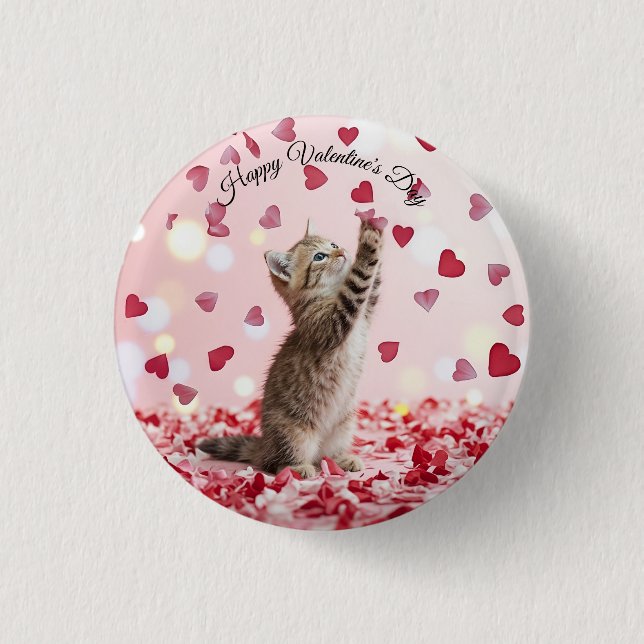 Cute Kitten Catching Valentine Heart Petals Knapp (Framsida)