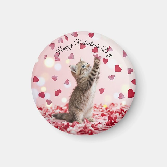 Cute Kitten Catching Valentine Heart Petals Magnet (Framsidan)