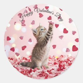 Cute Kitten Catching Valentine Heart Petals Runt Klistermärke