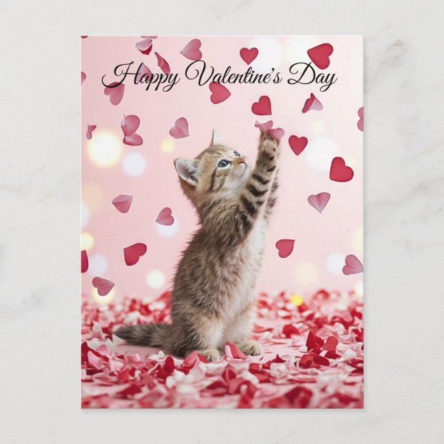 Cute Kitten Catching Valentine Heart Petals Vykort (Framsida)