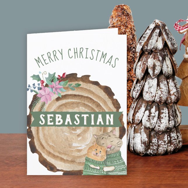 Cute Kitten Cats Rustic God jul Helgkort (Cute Christmas Card for someone special Buy professionally printed or as printable digital download.)
