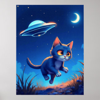 Cute Kitten Chased av en UFO Poster