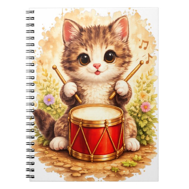 Cute Kitten Drum Spiral Notebook Kawaii Anteckningsbok (Framsidan)