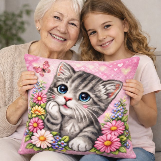 Cute Kitten Floral Cross Stitch Throw Pillow Kudde (Skapare uppladdad)
