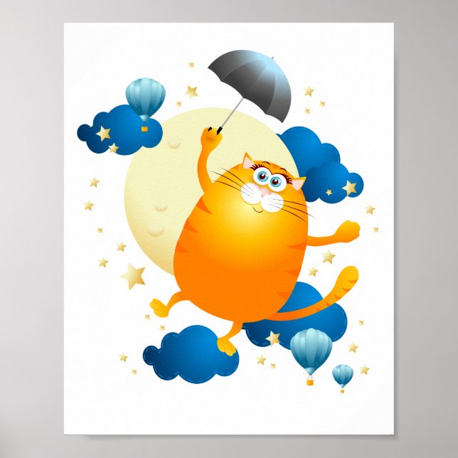 Cute Kitten Flyg med Parbrella Poster (Framsidan)