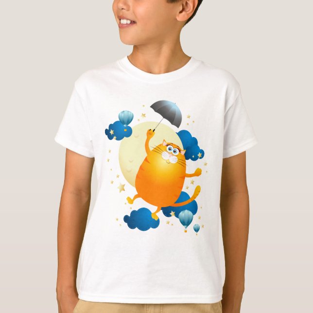 Cute Kitten Flyg med Parbrella T Shirt (Framsida)