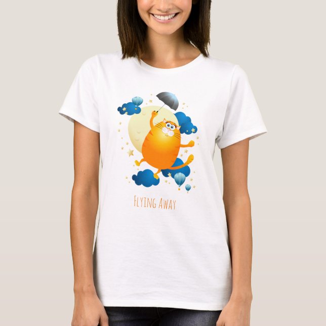 Cute Kitten Flyg med Parbrella T Shirt (Framsida)