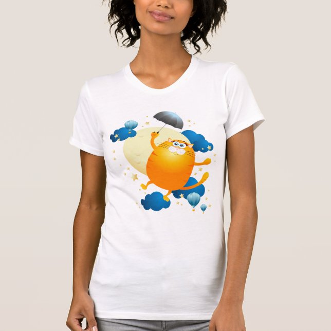 Cute Kitten Flyg med Parbrella T Shirt (Framsida)