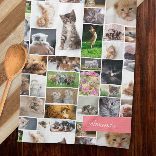 Cute Kitten Foto Montage Coral Rosa Cat Mönster Kökshandduk