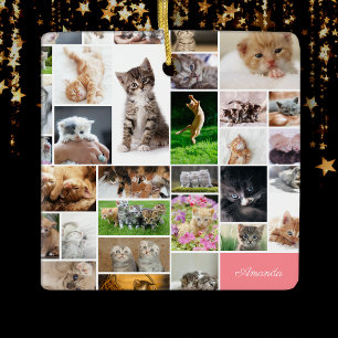 Cute Kitten Foto Montage Coral Rosa Kat jul Julgransprydnad Keramik