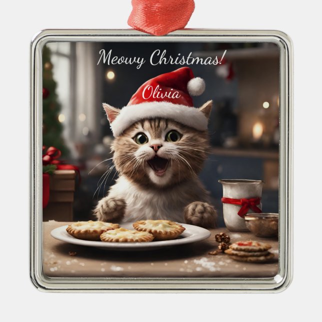 Cute Kitten Funny Santa Cat jul Julgransprydnad Metall (Framsidan)