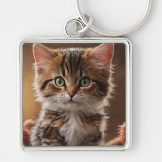 Cute Kitten Fyrkantig Silverfärgad Nyckelring