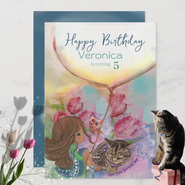 Cute Kitten Girl tulips Birthday Card Julkort (Cute Kitten Girl tulips Birthday Card)