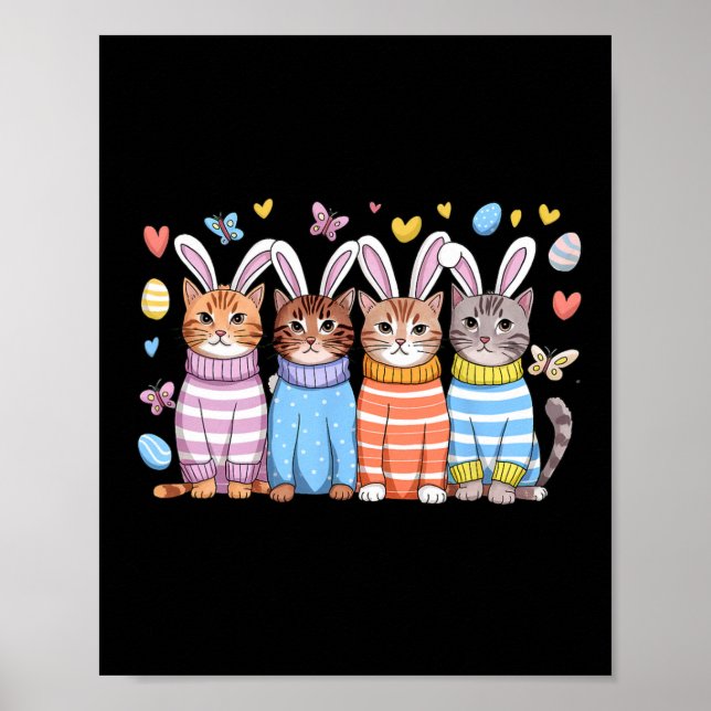 Cute Kitten Glad påsk Cat Bunny Öron och ägg K Poster (Framsidan)